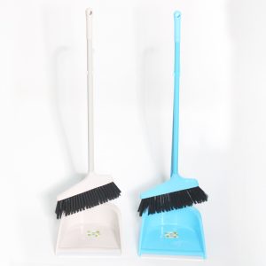 Household Iron-Handle Broom and Dustpan Set (Ivory & Blue)